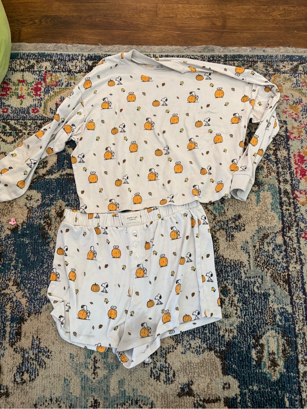 American Eagle Outfitters Light Blue Pumpkin Print Pajama Set